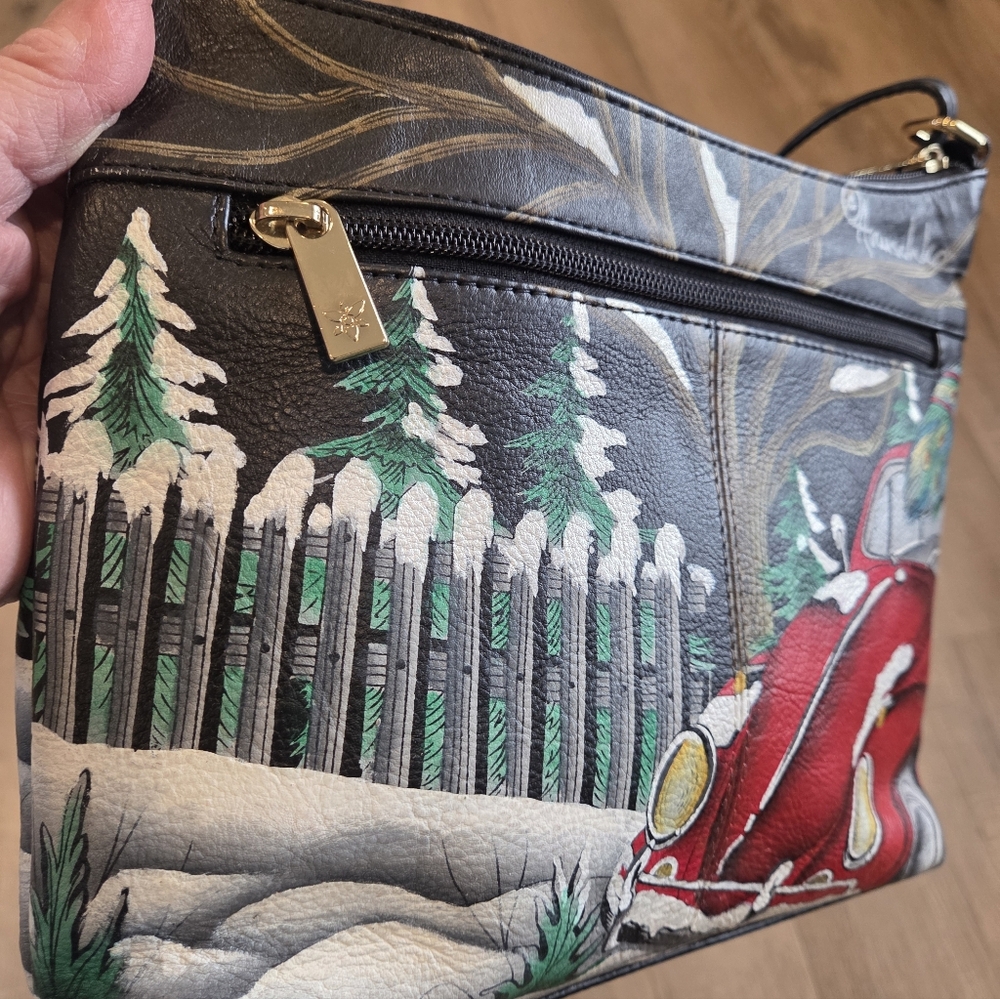 Anuschka Hand-Painted Leather Crossbody Peacock Winter Tree Design Colorful Art - Picture 4 of 13